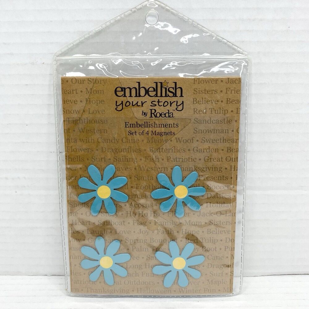 Embellish Your Story by Roeda Set of 4 Blue Daisy Metal Magnets 1.25" x 1.25"